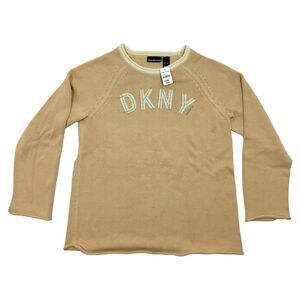 VTG DKNY Jeans Straw Brown Patched Embroidered Logo Luxury Pullover Sweater XL